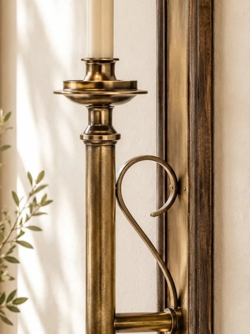 Vintage Wall-Mounted Electric Brass Wood Colonial Candle Sconce
